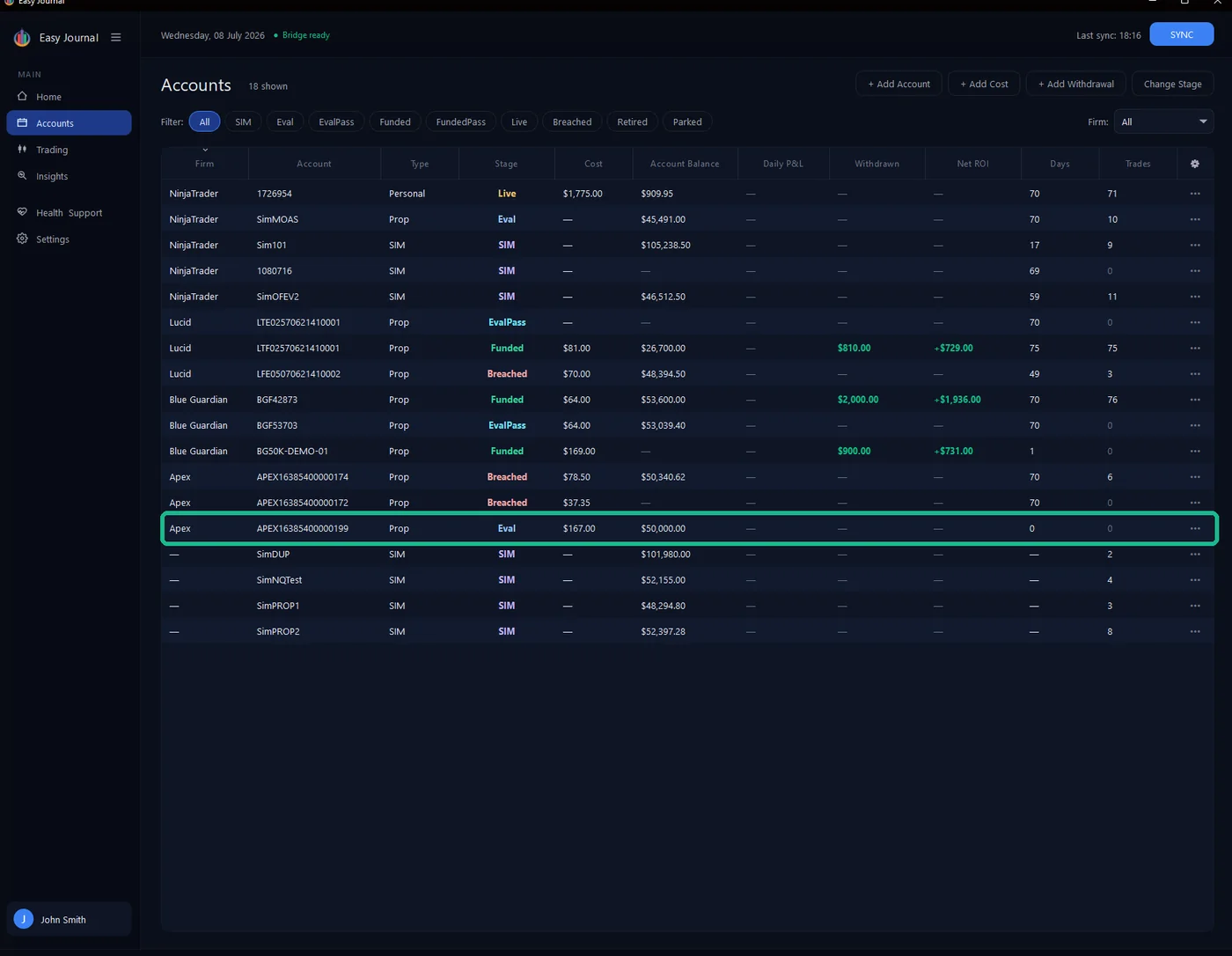 The result - claimed: Apex, Eval stage, $167 cost, $50,000 balance.
