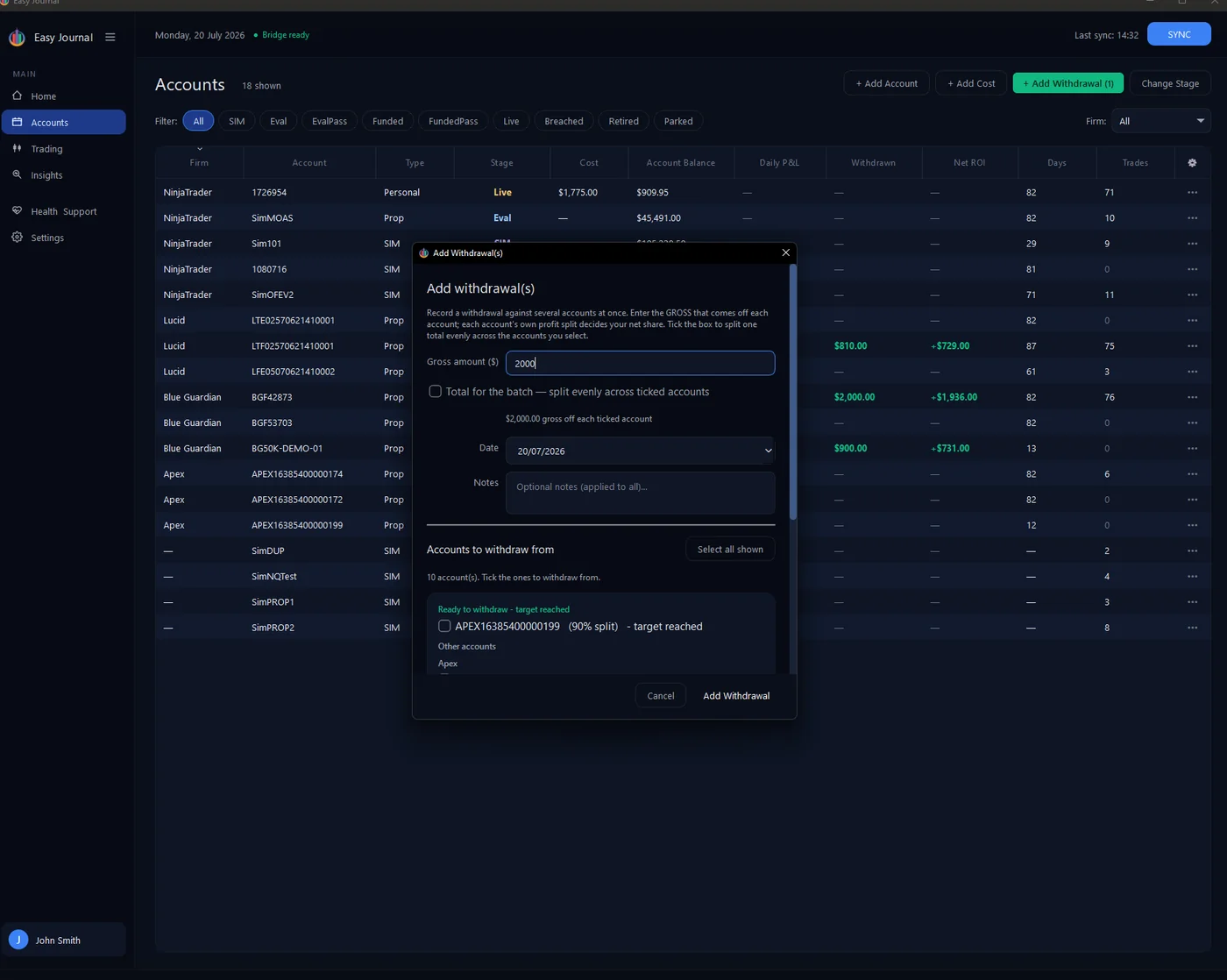 Step 2 - $2,000 gross entered; the ready account is grouped at the top with its 90% split.