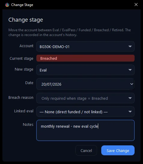 The per-account window moves it Breached → Eval, with a note for the record.