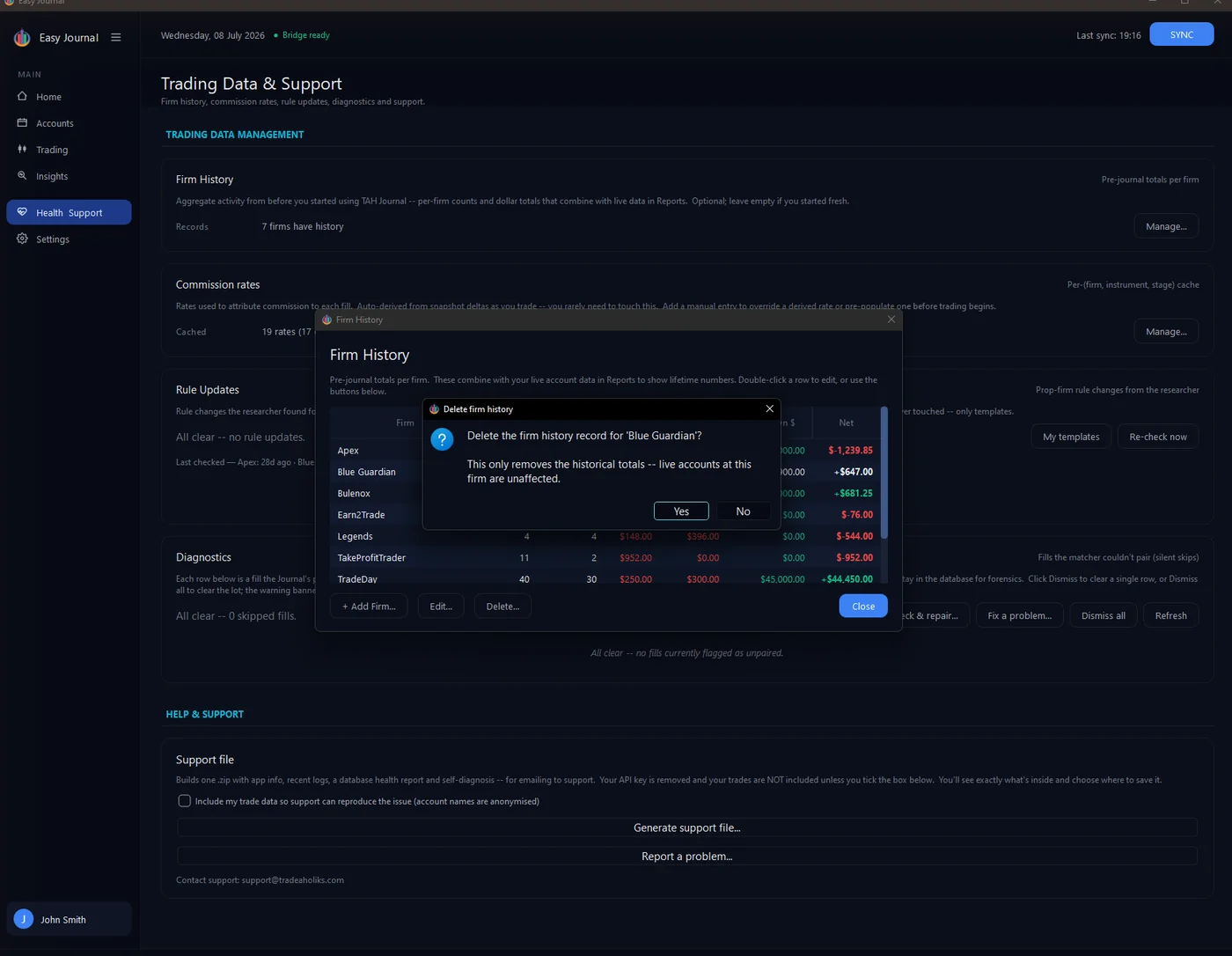 Deleting a row - historical totals only, live accounts unaffected.